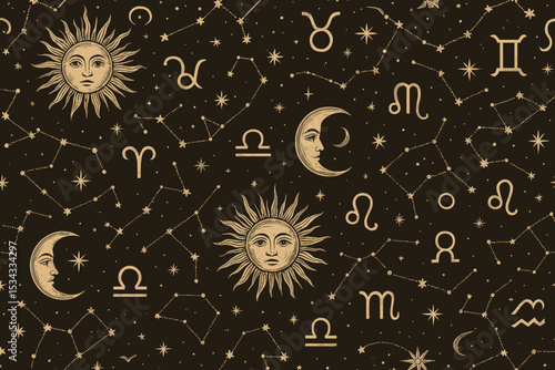 Vintage zodiac constellations seamless pattern with sun and moon