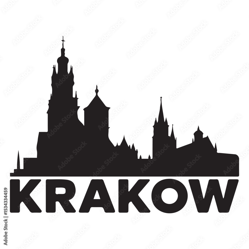 Obraz premium Krakow skyline silhouette. Black Krakow city. Vector black silhouette. with white background