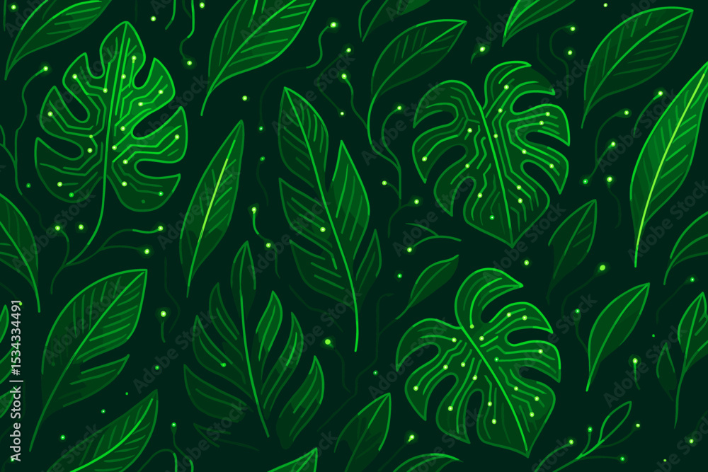 Fototapeta premium Neon green leaf pattern with circuit-board veins on dark backdrop