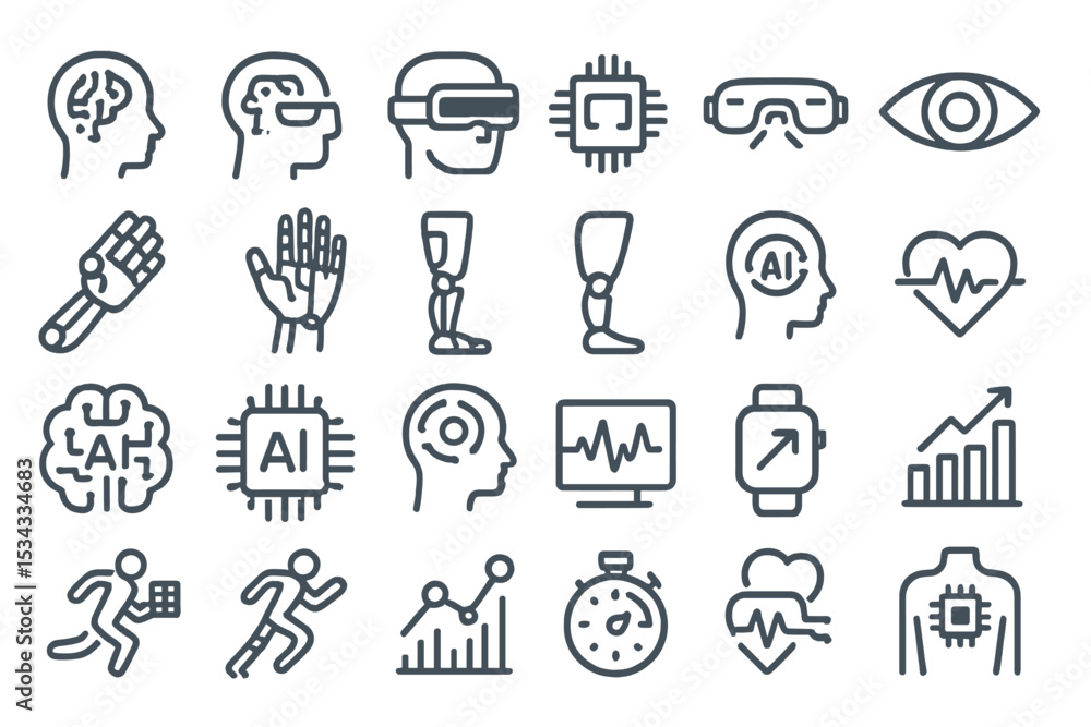Minimalist dark UI icon set for AI, VR, biometrics, and wearables Minimalist dark UI icon set for AI, VR, biometrics, and wearables