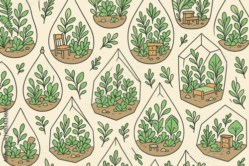 Seamless pattern of terrariums with indoor plants and furniture