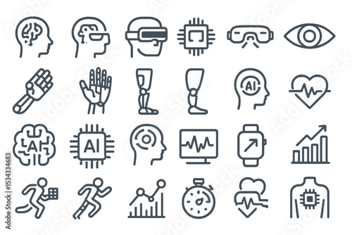 Minimalist dark UI icon set for AI, VR, biometrics, and wearables