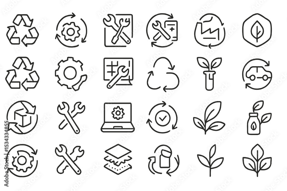 Fototapeta premium Set of eco-friendly and recycling icons with tools and plant motifs