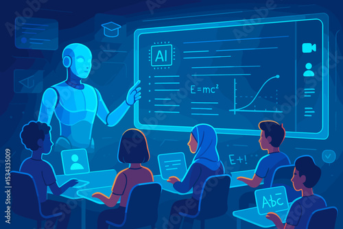 AI robot teaching diverse students in futuristic digital classroom