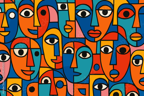 Colorful abstract faces in modern cubist pop art style
