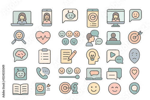 Pastel icon set for mental health, therapy, and emotional support apps