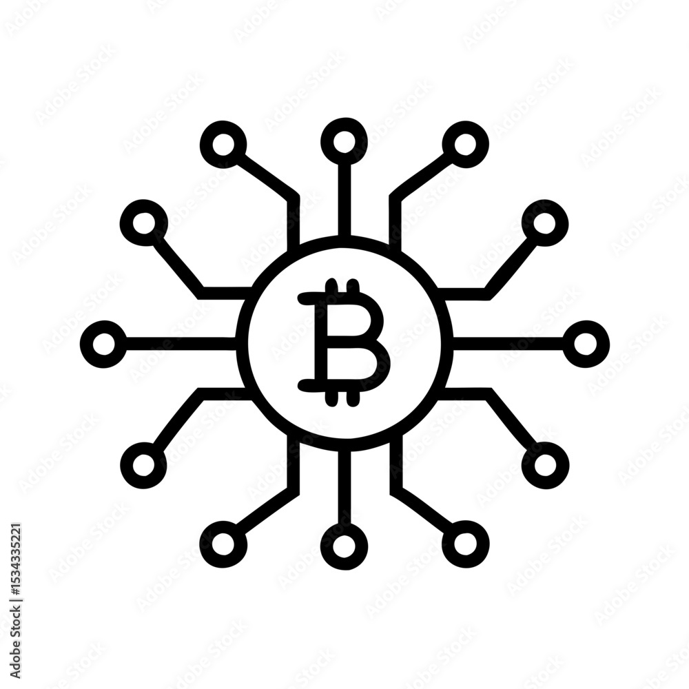 Digital coin with intricate connections representing AI and Crypto Outline icon  