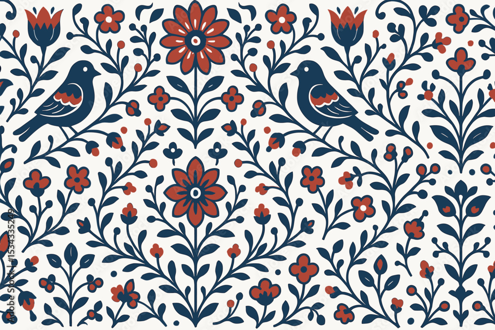 Folk art floral pattern with birds in red and navy on white background Folk art floral pattern with birds in red and navy on white background