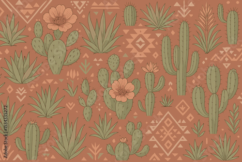 Hand-drawn cactus pattern with tribal motifs on a terracotta background