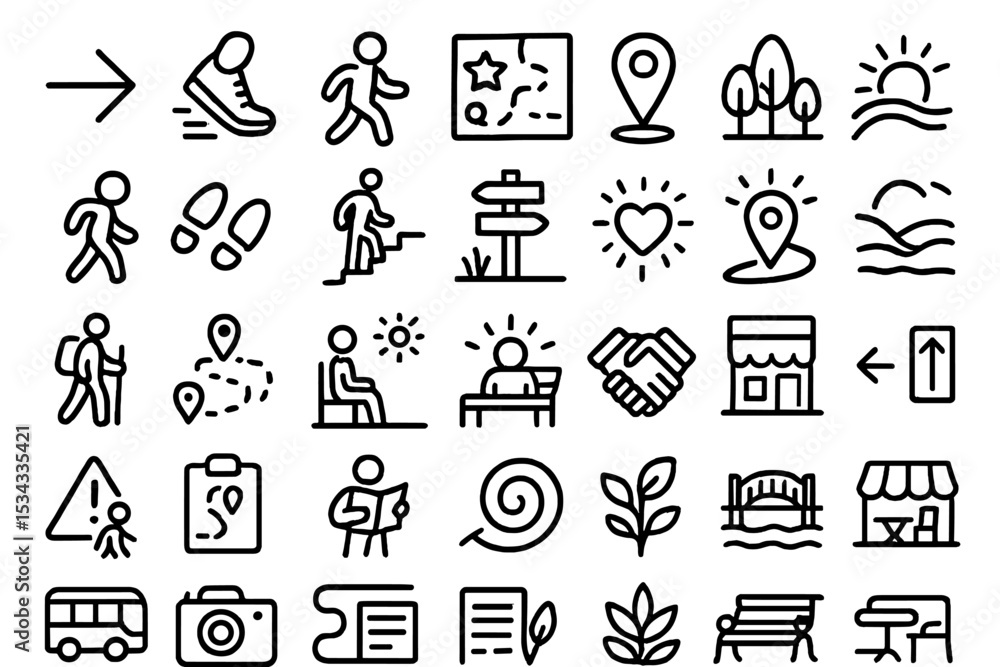 Fototapeta premium Icon set for walking, hiking, and outdoor community activities
