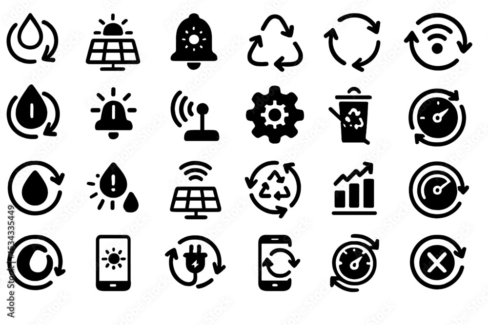 Icon set featuring symbols for sustainability, recycling, solar power, and alerts Icon set featuring symbols for sustainability, recycling, solar power, and alerts