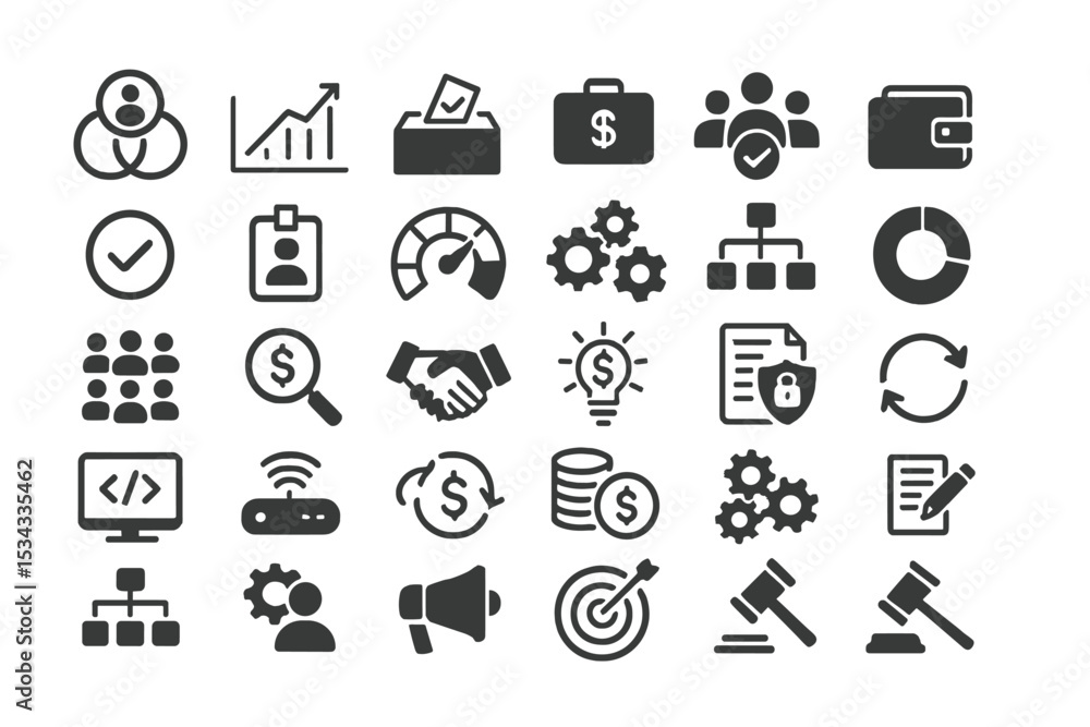 30 icons representing finance, governance, and digital systems tools 30 icons representing finance, governance, and digital systems tools