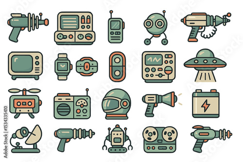 Vintage sci-fi icon set with ray guns, robots, gadgets, and UFOs
