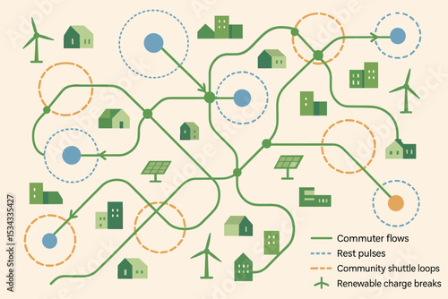 Transit diagram integrating commuter flows, shuttle loops, rest pulses, and renewable energy hubs