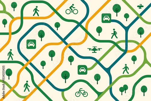 Illustration of a multimodal green transit map with walking, biking, driving, and drone routes
