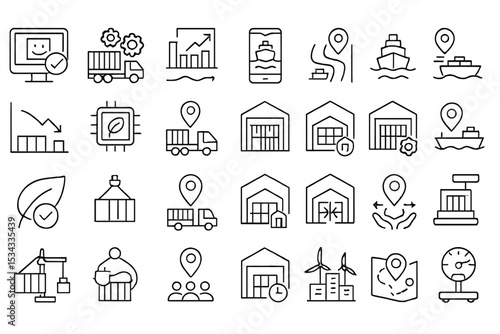 Icon set for sustainable logistics, smart warehousing, and eco-friendly supply chains