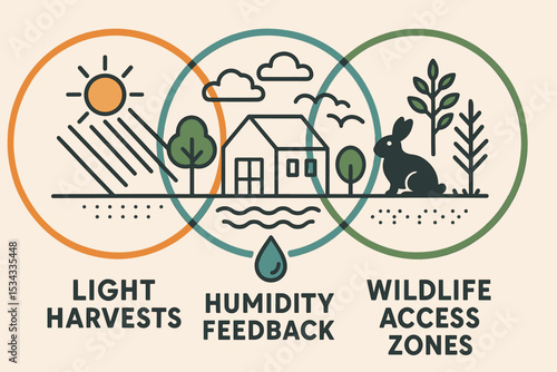Illustration of an eco-home system integrating light harvests, humidity feedback, and wildlife access