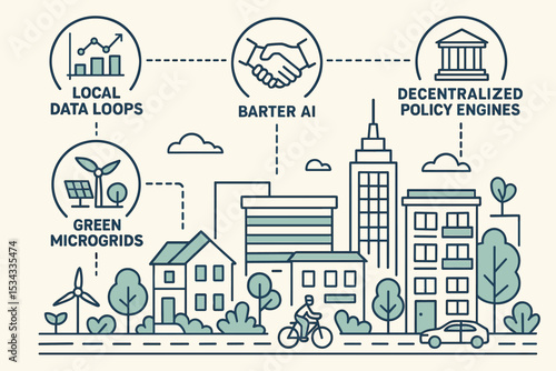 Smart eco-city with data loops, AI barter, and green microgrids
