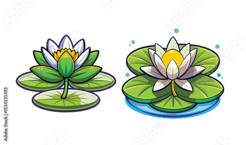 Photo of two vibrant water lilies, one with white and blue petals, the other pure white, blossom on lush green pads isolated on white background