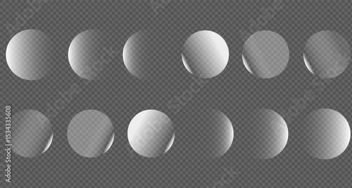 Set of glass round transparent plates. Circular shaped lens . Transparent glossy disk, icon, lens, crystal element made of glass material. Vector realistic illustration.PNG