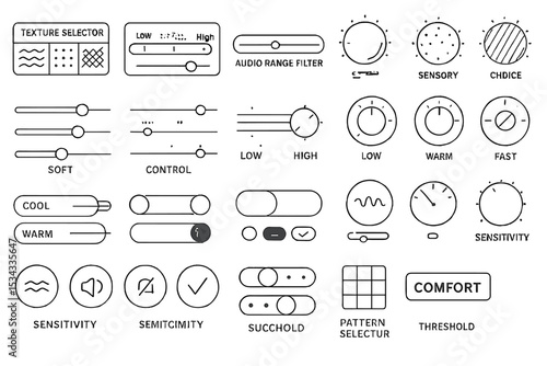 Set of tactile UI control icons for sensory and audio adjustment interfaces