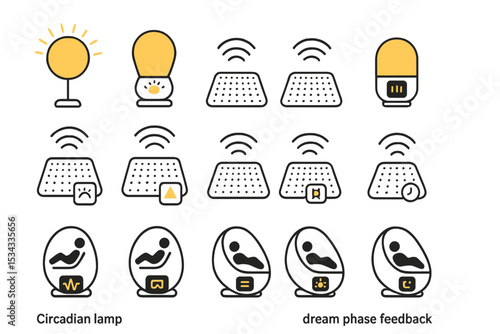 Futuristic icon set featuring circadian lamps, smart beds, and dream feedback pods