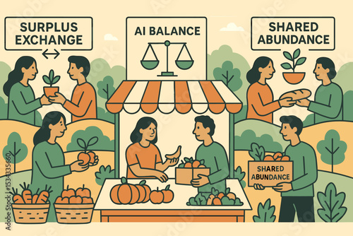 Illustration of community food sharing and AI-supported surplus exchange