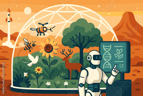 Robot monitoring biodiversity in futuristic Mars greenhouse ecosystem