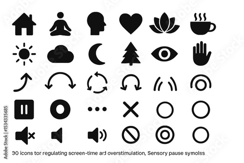 Icons for screen-time regulation, sensory pauses, and mindfulness prompts