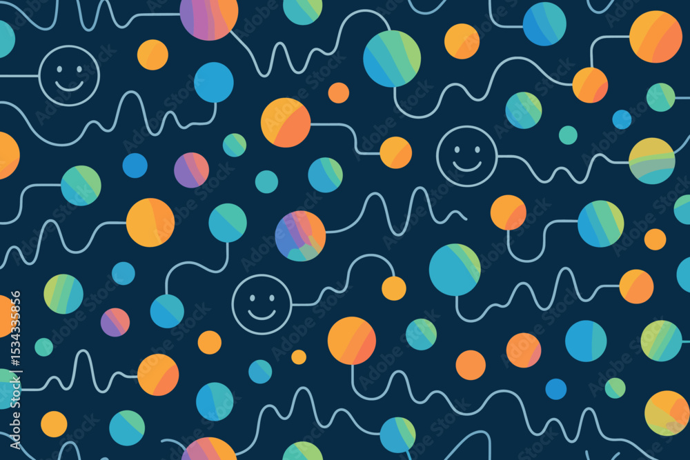 Seamless pattern with colorful gradient spheres and smiley emotion nodes Seamless pattern with colorful gradient spheres and smiley emotion nodes