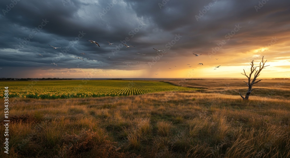 Obraz premium Sunflower field contrasts with storm clouds