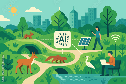 AI-powered nature monitoring in smart eco park illustration