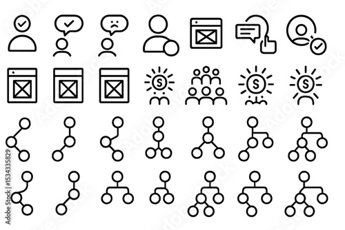 Minimal icon set for user feedback, profiles, interface flow, and team networks