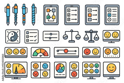 Icon set for emotional metrics, mood tracking, and balance assessment tools