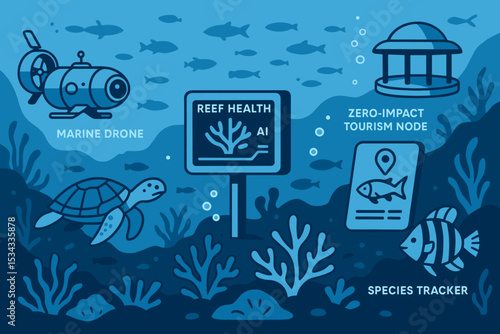 Futuristic marine conservation illustration with AI reef monitoring