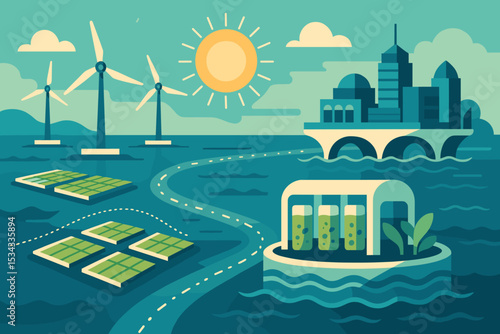 Futuristic floating city with renewable energy and aquatic agriculture