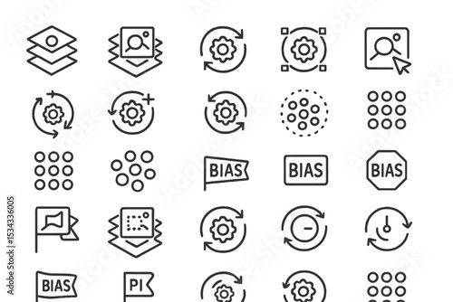 AI and data bias icon set with algorithm and settings symbols