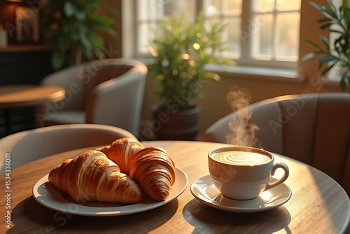 Hot coffee and fresh croissants served on a wooden table in cozy morning cafe with warm lighting and green indoor plants
