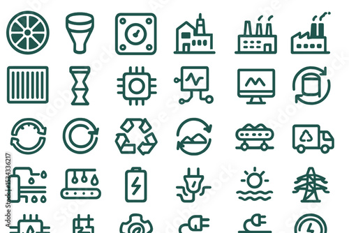 Icon set of sustainable energy, recycling, and smart manufacturing tools