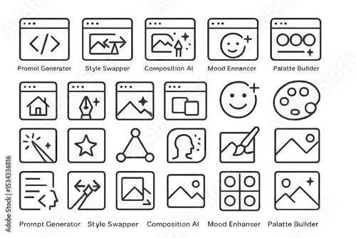Creative tool icon set for AI design, style, and color enhancement