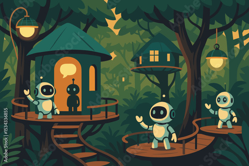 Cute robots living in treehouses in a futuristic forest setting