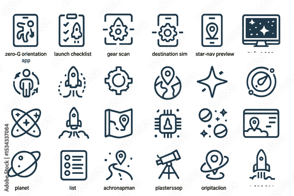 Set of space exploration icons with rockets, star maps, and navigation tools Set of space exploration icons with rockets, star maps, and navigation tools