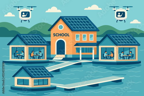 Futuristic floating school campus with solar panels and drones