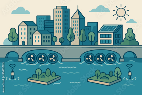 Smart eco-city with hydro turbines, solar panels, and floating green islands