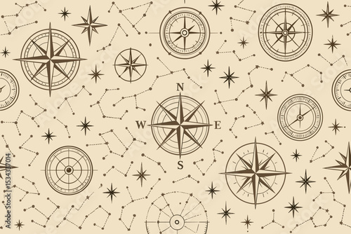 Seamless vintage pattern with compass roses and star constellations