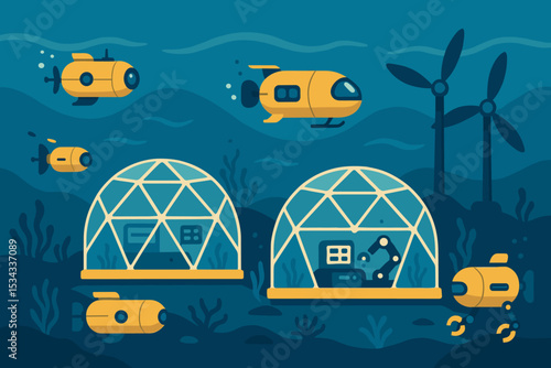 Futuristic underwater base with research domes, submarines, and turbines