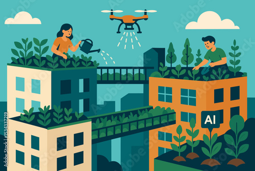 Illustration of rooftop urban farming with drones and AI technology