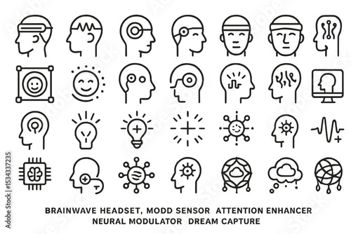 Neurotech icon set featuring brainwave headsets, sensors, and mind interfaces