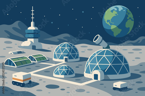 Futuristic moon base with domes and Earth in background