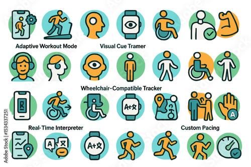 Collection of icons depicting accessible fitness features including adaptive workout mode, wheelchair-compatible tracker, and real-time interpreter for inclusive exercise technology.